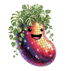 The Disco Bean, a bean shaped disco mirrored bean with hair of pothos and albo monstera 