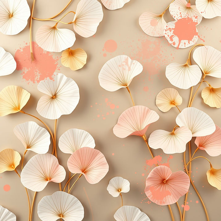 gold and white wallpaper retro mid century design ginko leaves, and splashes of salmon pin