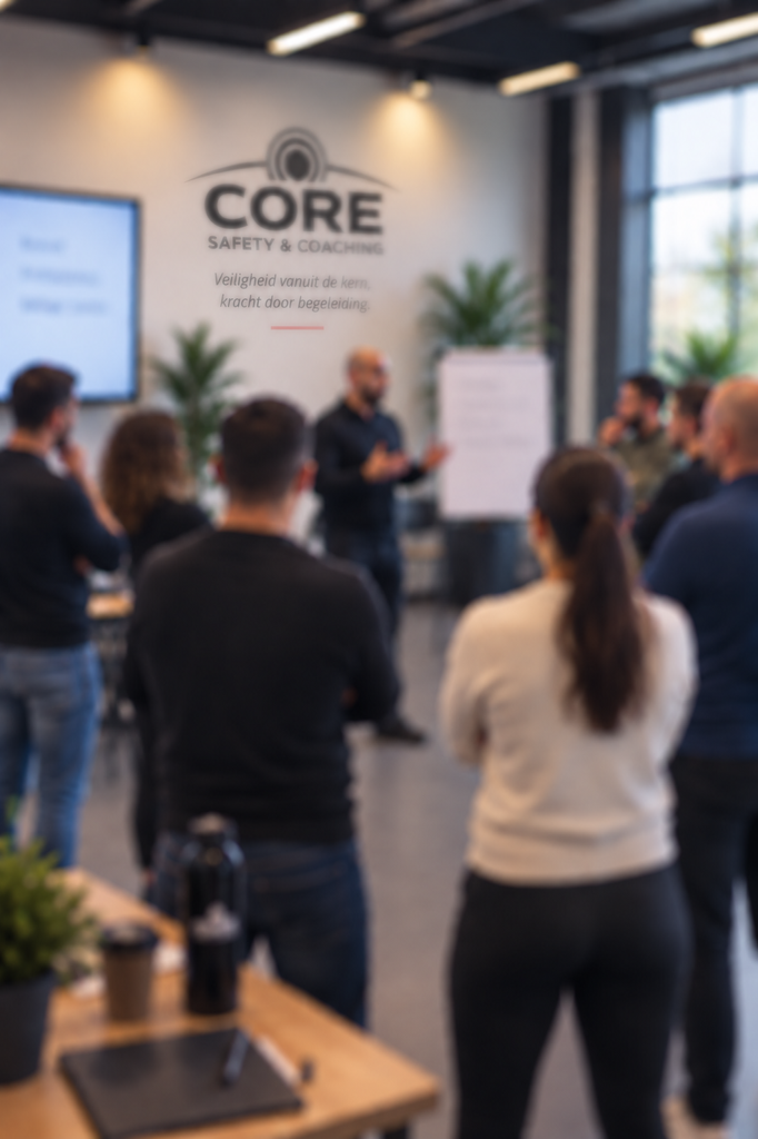Groep deelnemers in trainingsruimte met Core Safety logo