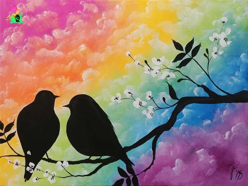 rainbow sky lovebirds painting