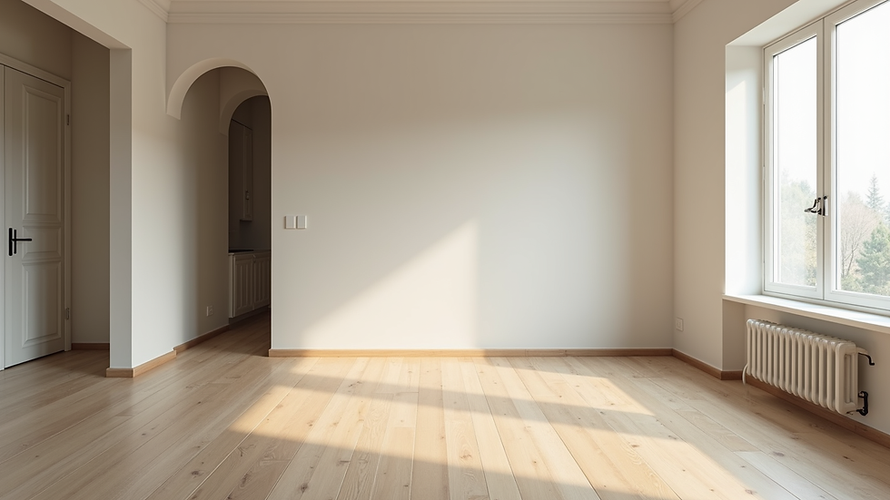 Wide angle view of a partially remodeled living room with new flooring and fresh paint