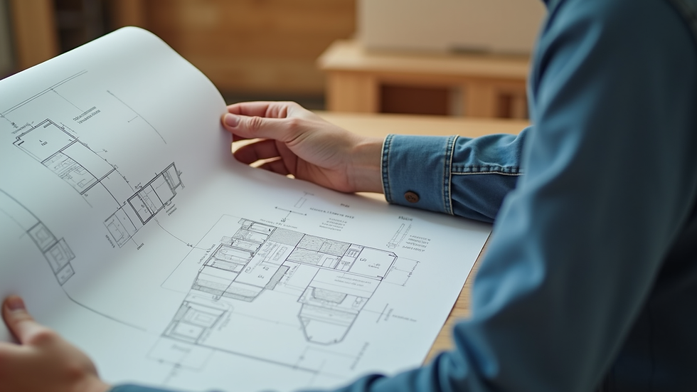 Eye-level view of a contractor reviewing home renovation blueprints