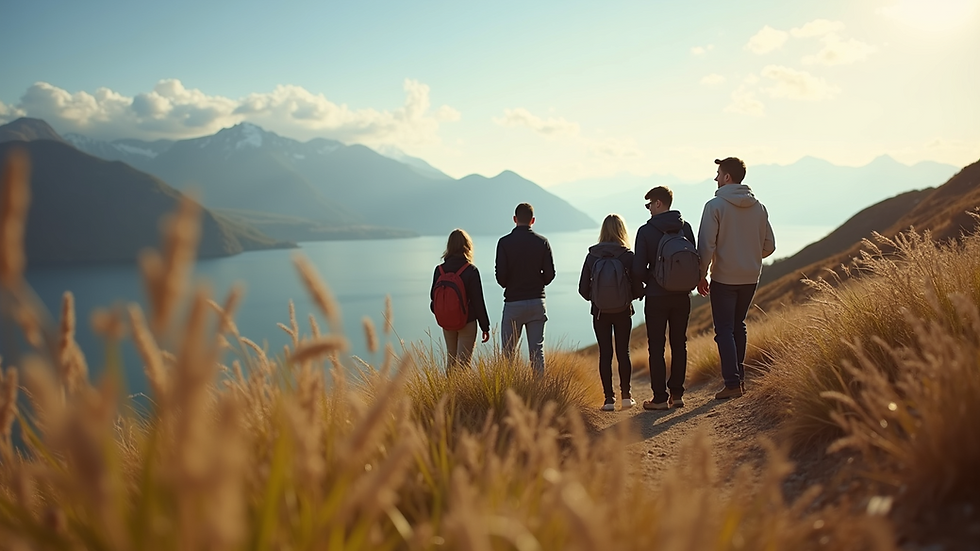Eye-level view of a group of friends enjoying a scenic view during their travel
