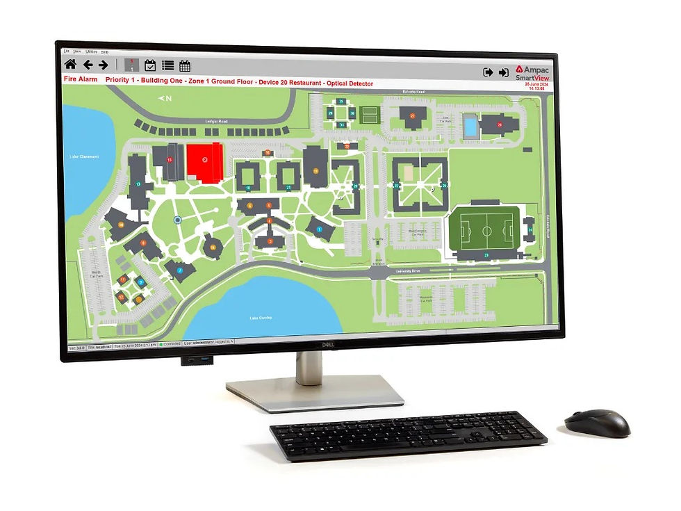 GUI interface for fire detection system on monitor, dark background with bright UI elements, landscape.