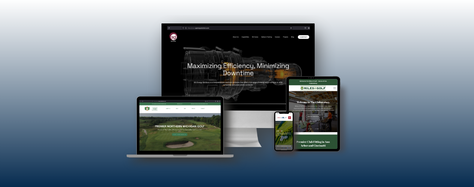  A hyper-realistic digital rendering of a desktop monitor, a laptop, a tablet, and a smartphone, all displaying different business websites to showcase responsive web design. The monitor shows a dark-themed industrial website with the title "Maximizing Efficiency, Minimizing Downtime." The laptop displays a green-themed golf course website for "PREMIER NORTHERN MICHIGAN GOLF." The tablet and smartphone feature a golf equipment brand's website with a "Welcome to The Laboratory" banner.