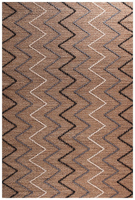 Handcrafted rug with a chevron pattern woven in black, white and blue cotton over natural fibre