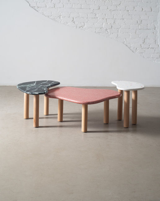 Three Laguna Coffee Tables with green marble, pink terrazzo and speckled recycled plastic tops on light wood legs
