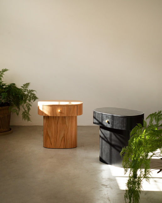 Two Vis Nightstands side by side in a dim room, one in natural wood veneer and one in black, their oval tops catching daylight beside potted ferns