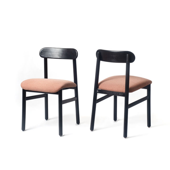 Front and rear views of two Hi Chairs in black solid wood with terracotta upholstered seats on a white background