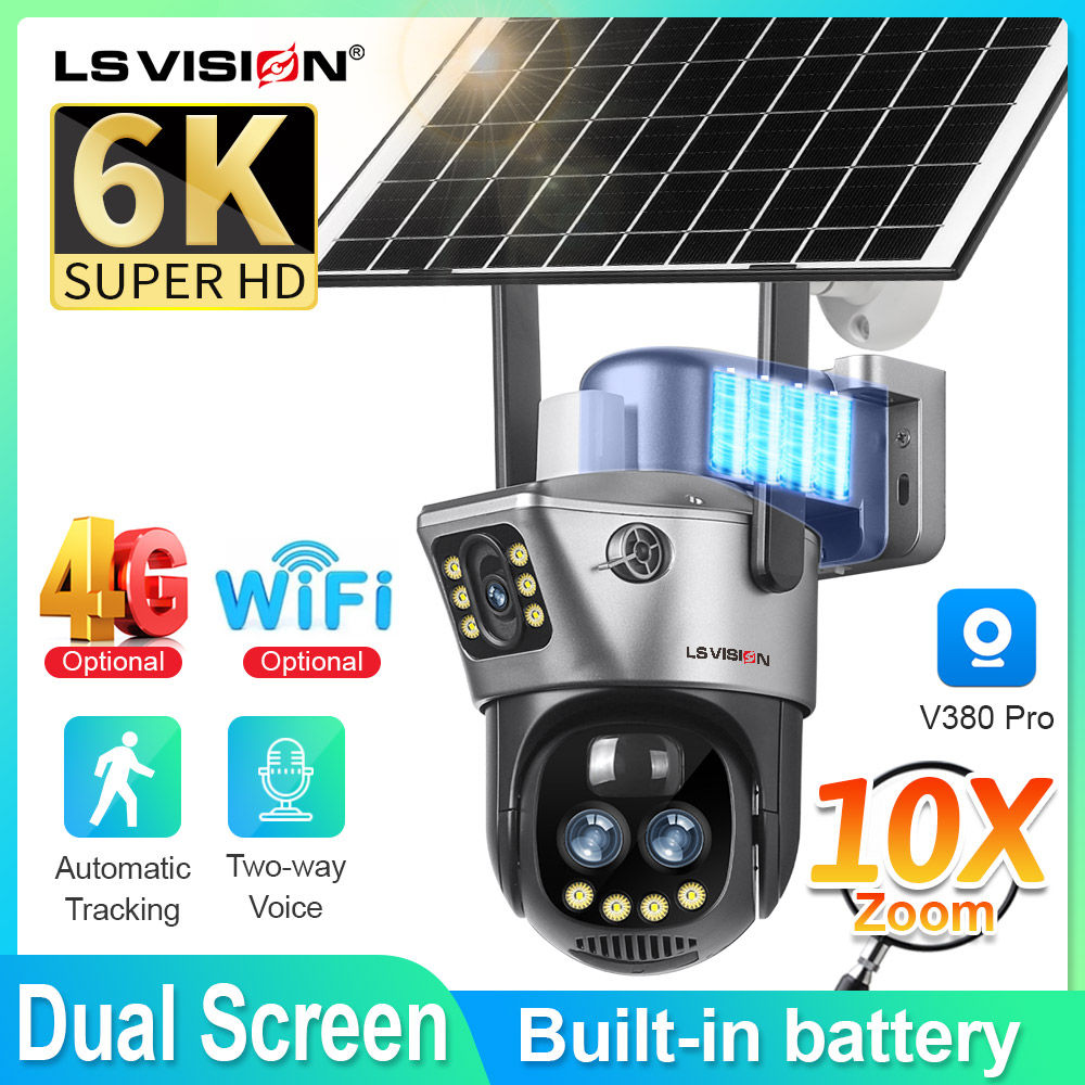 LS VISION Double Screen Solar Camera 10X Zoom 4G SIM Security Outdoor Camera Hum