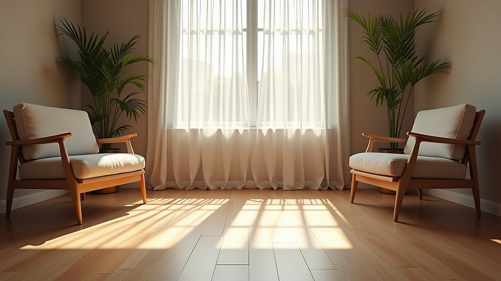 Eye-level view of a serene coaching space with comfortable seating