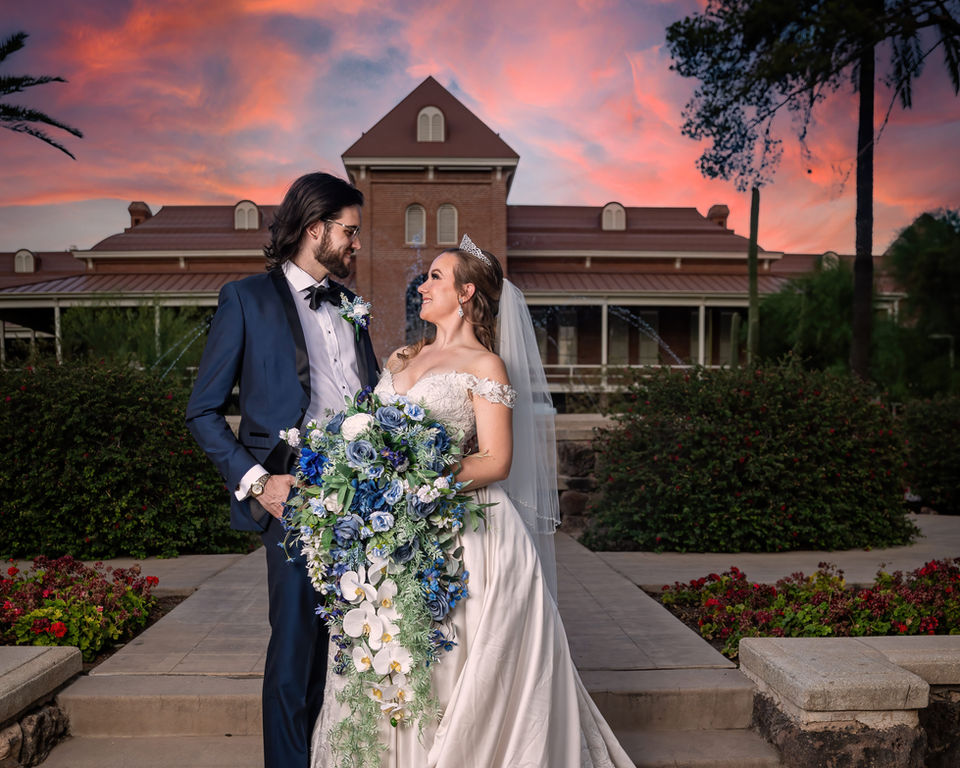 Wedding Portrait, Old Main University Of Arizona, Bride and Groom Portrait with an Arizona Sunset