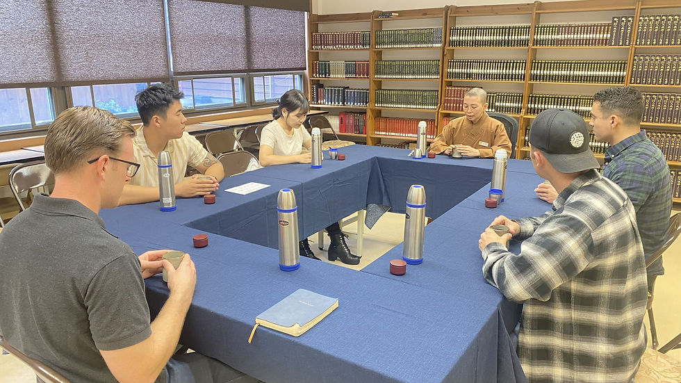 During tea meditation, soldiers mindfully experience the subtle process of brewing tea through the five senses, learning awareness in each breath and movement.