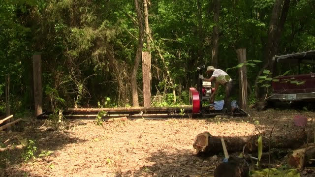 The little band sawmill arrives and an set up the tracks for it and cut the first little logs for a rafter for the shed that will cover it s