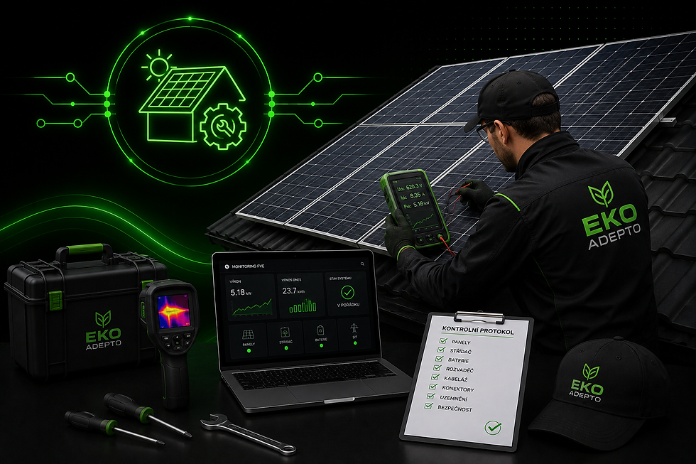 Technik provádějící kontrolu a servis fotovoltaické elektrárny. Ilustrační obrázek zaměřený na údržbu, diagnostiku a opravy FVE.