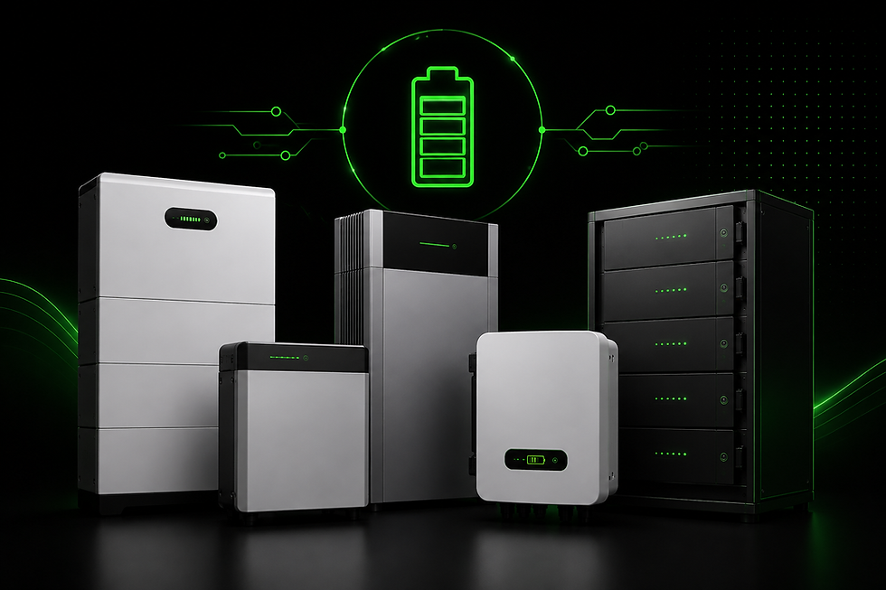 Přehled výrobců bateriových úložišť pro fotovoltaické elektrárny. Ilustrační obrázek domácích i komerčních bateriových systémů.
