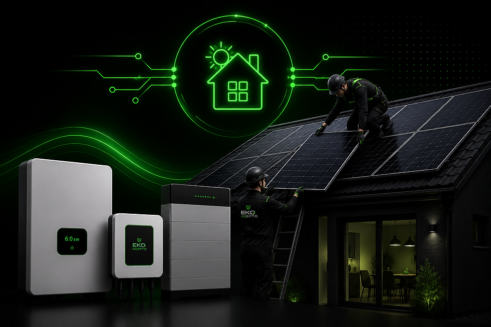 Moderní instalace fotovoltaické elektrárny na rodinném domě. Ilustrační obrázek k návrhu, montáži a realizaci fotovoltaických elektráren.