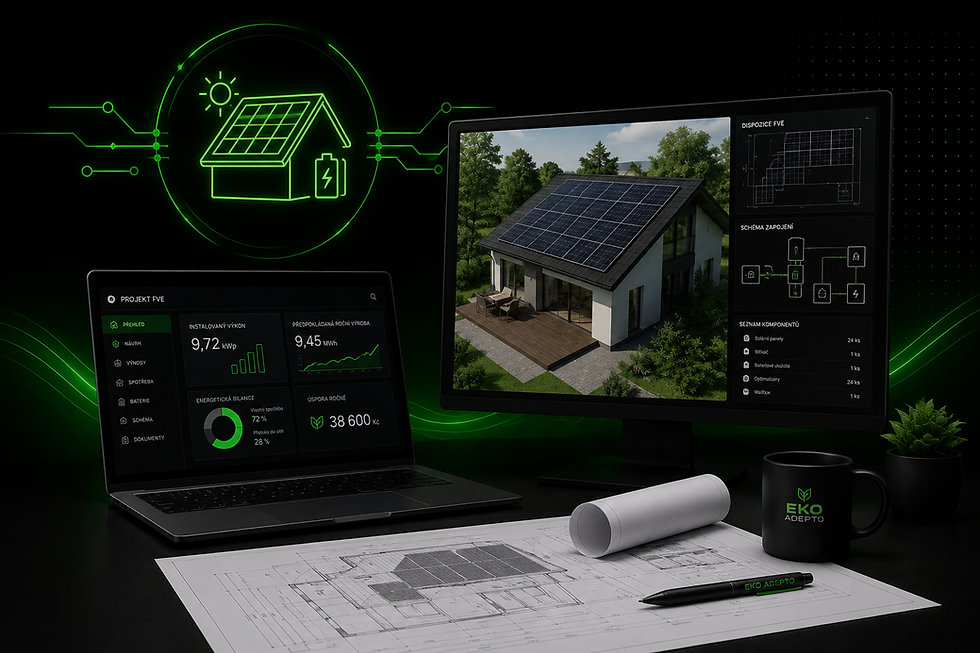 Projekt fotovoltaické elektrárny s návrhem výkonu, rozmístění panelů a technického řešení. Ilustrační obrázek k projektování FVE.