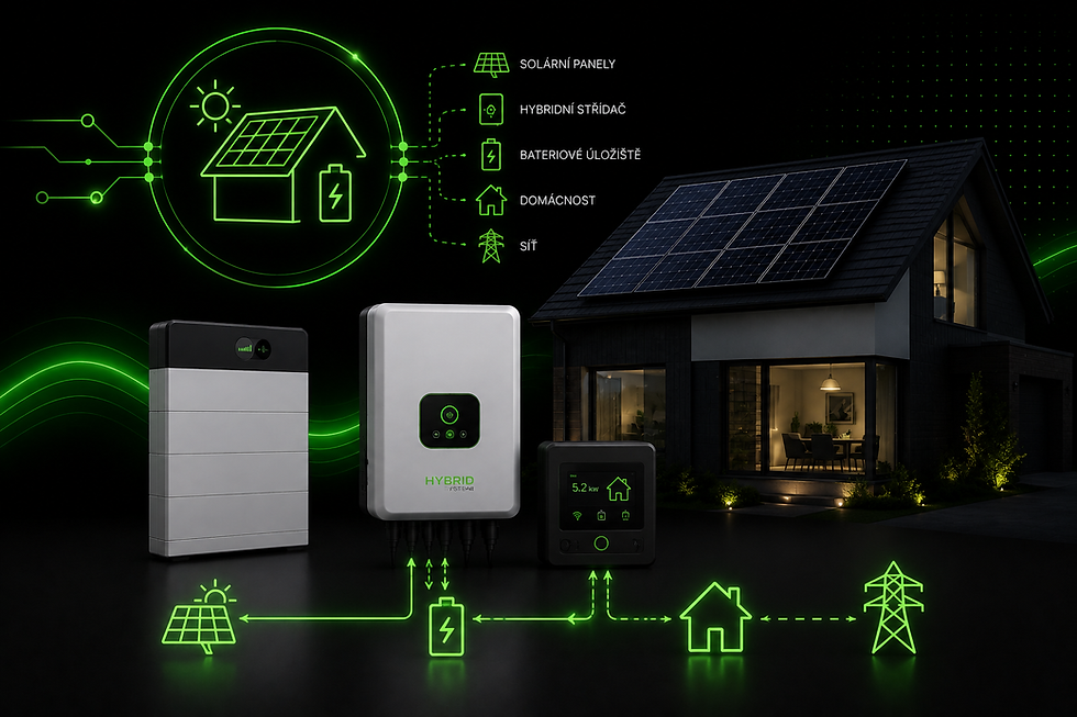 Hybridní fotovoltaická elektrárna s bateriovým úložištěm a chytrým řízením energie. Ilustrační obrázek k hybridním systémům FVE.