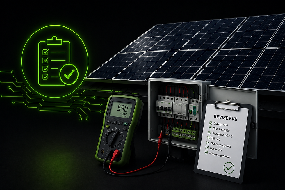 Revize fotovoltaické elektrárny zaměřená na kontrolu bezpečnosti, elektroinstalace a správného fungování systému. Ilustrační obrázek k revizím FVE.