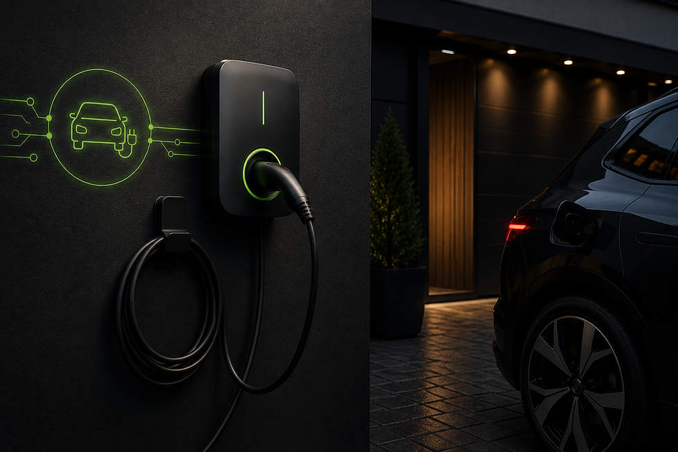 Moderní wallbox pro nabíjení elektromobilu propojený s fotovoltaickou elektrárnou. Ilustrační obrázek instalace domácí nabíjecí stanice.