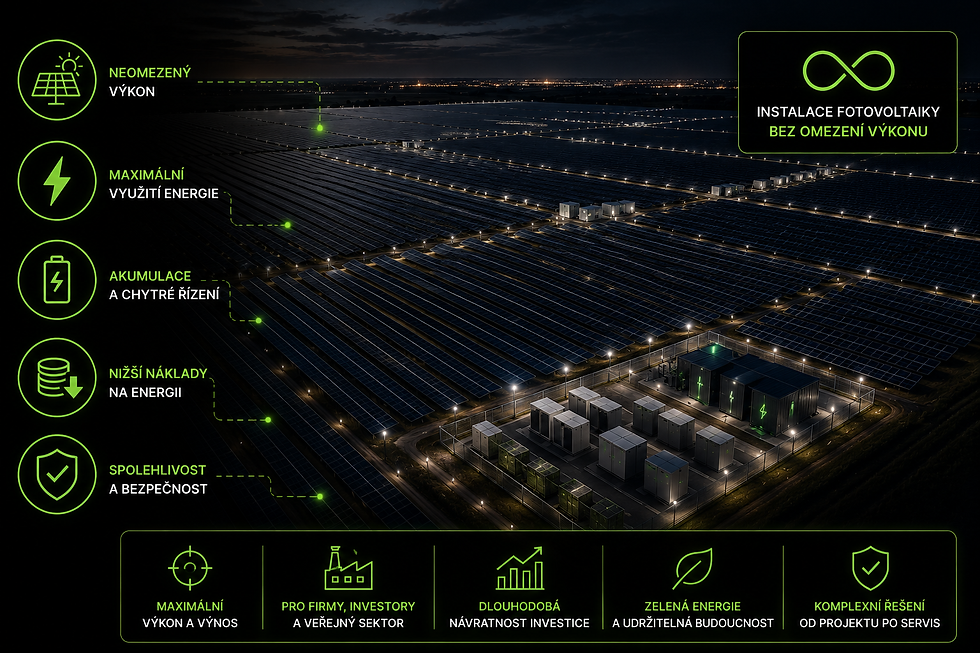 Rozsáhlá fotovoltaická elektrárna bez omezení výkonu určená pro velké průmyslové areály, obce i pozemní instalace. Ilustrační obrázek k velkým fotovoltaickým projektům.