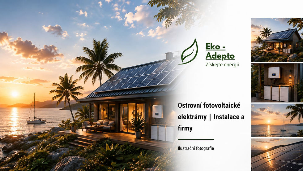 Ostrovní fotovoltaická elektrárna s panely a bateriovým úložištěm pro objekt bez běžného připojení k distribuční síti. Ilustrační obrázek off-grid systému.