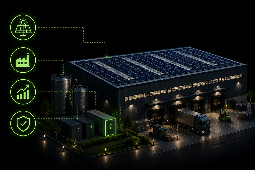Průmyslová hala s rozsáhlou střešní fotovoltaickou elektrárnou. Ilustrační obrázek k instalacím fotovoltaiky pro výrobní a skladové areály.