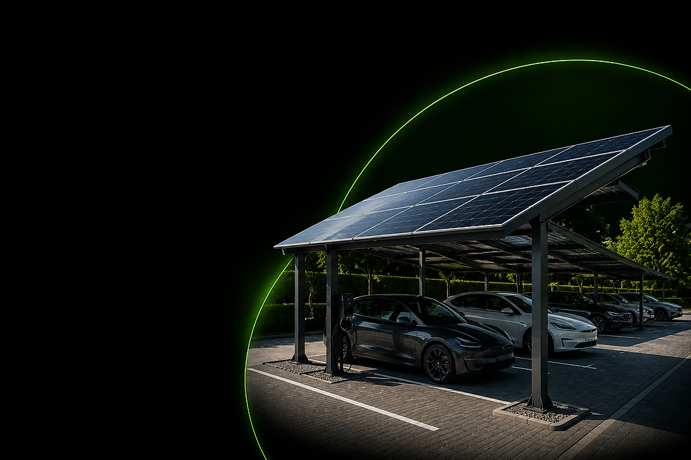 Fotovoltaické carporty kombinující zastřešení parkovacích míst s výrobou elektřiny. Ilustrační obrázek k instalaci solárních přístřešků.