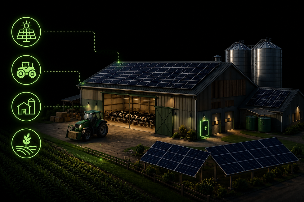 Moderní zemědělský areál s fotovoltaickou elektrárnou na střechách i pozemku. Ilustrační obrázek pro instalace fotovoltaiky v zemědělství.
