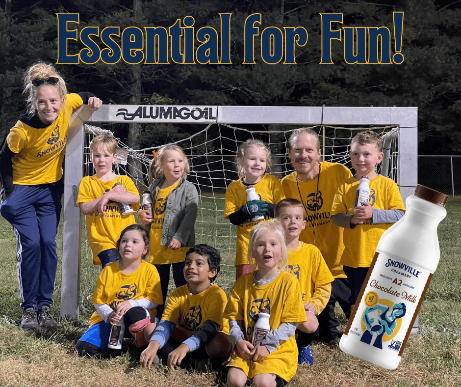 A picture of two adults and a team of youth soccer players wearing Snowville Creamery shirts, all holding Snowville Chocolate Milk, and a close up of a bottle of Snowville Chocolate Milk with the words Essential for Fun!
