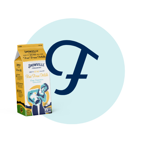 Letter F with Snowville Creamery Fat Free Milk Carton