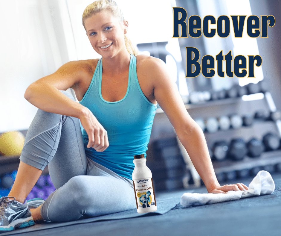 A picture of a woman sitting on a yoga mat with a bottle of Snowville Chocolate Milk with the words Recover Better