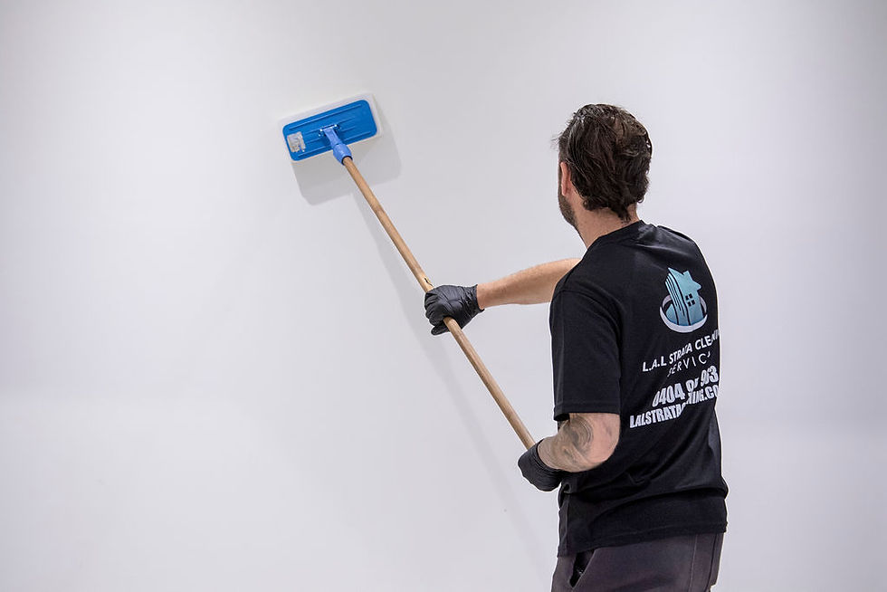 Man cleaning walls with brush inside building