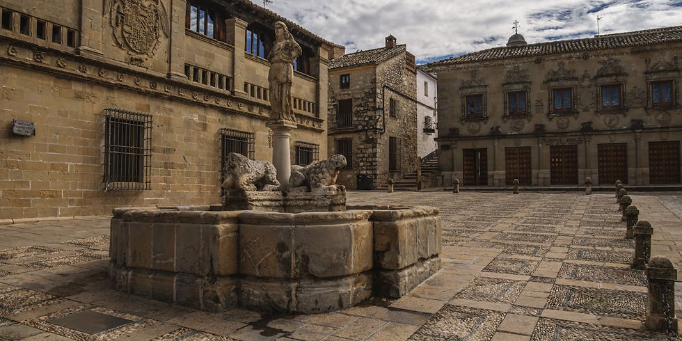 Stone fountain with lion statues in a historic square. Ornate buildings in the background, cloudy sky overhead. Calm, timeless ambiance.