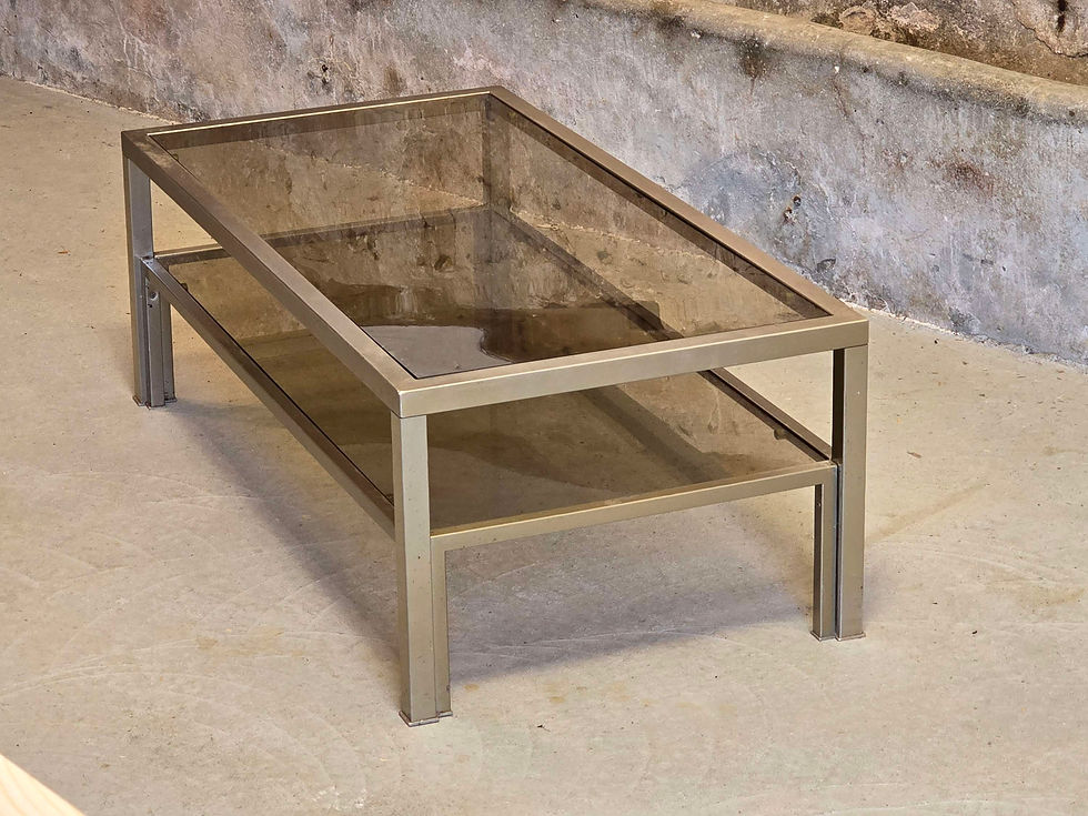 Miniature : Table basse double plateau verre fumé acier chromé 1970