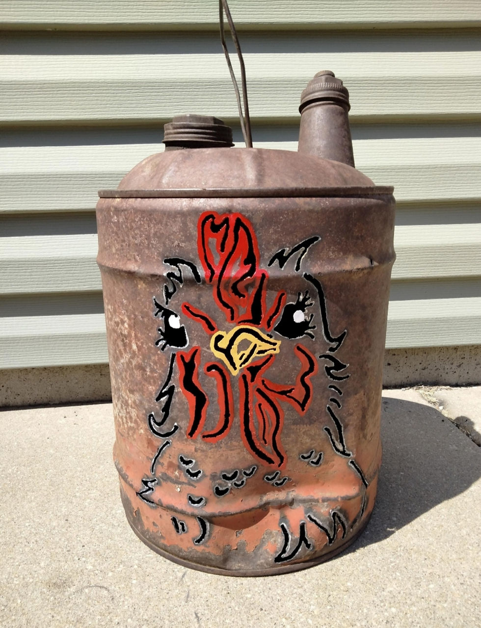 Rustic rooster painted on vintage gas can