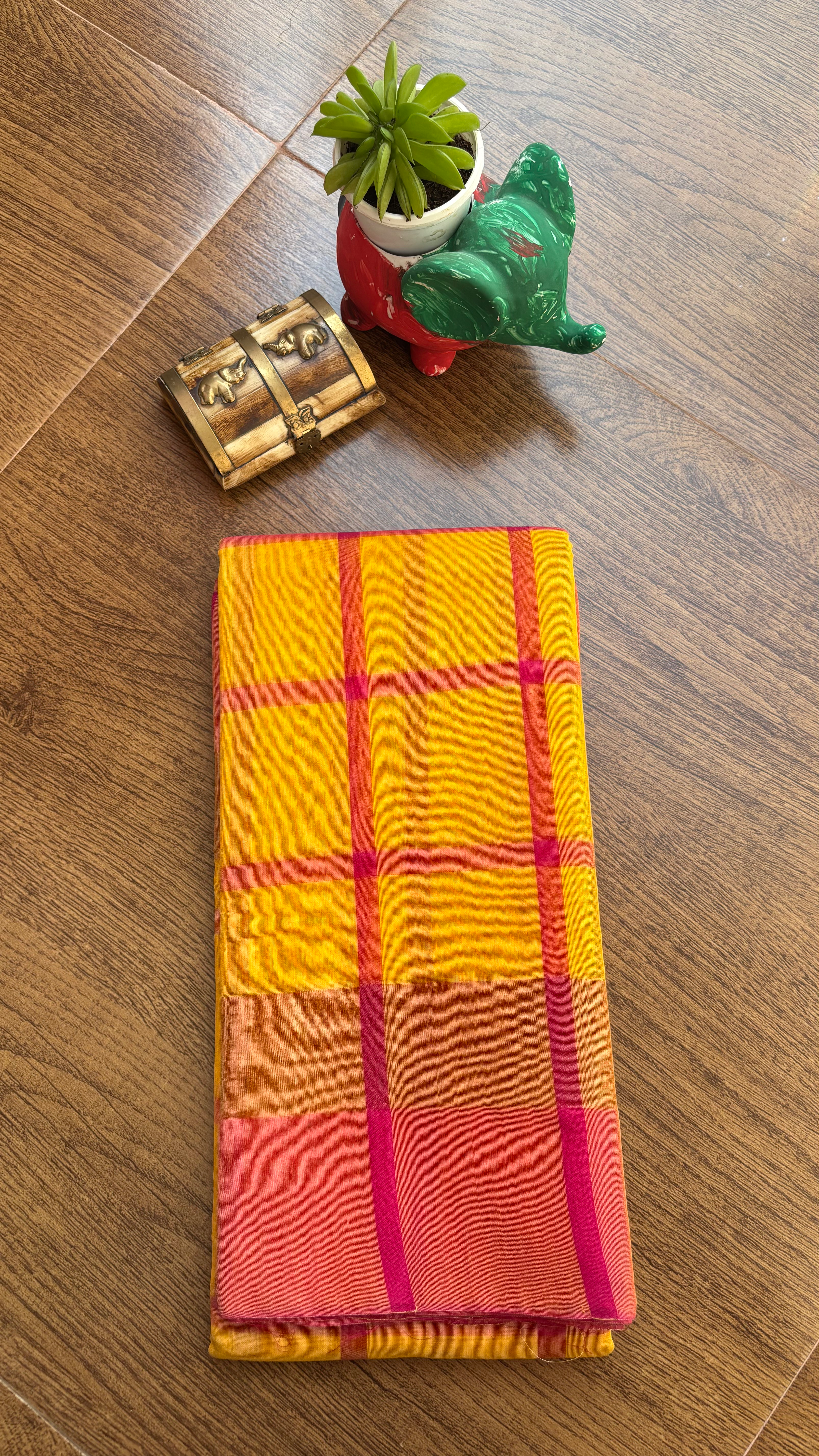 Yellow & Pink Cotton Silk Handwoven Saree with Zari Border