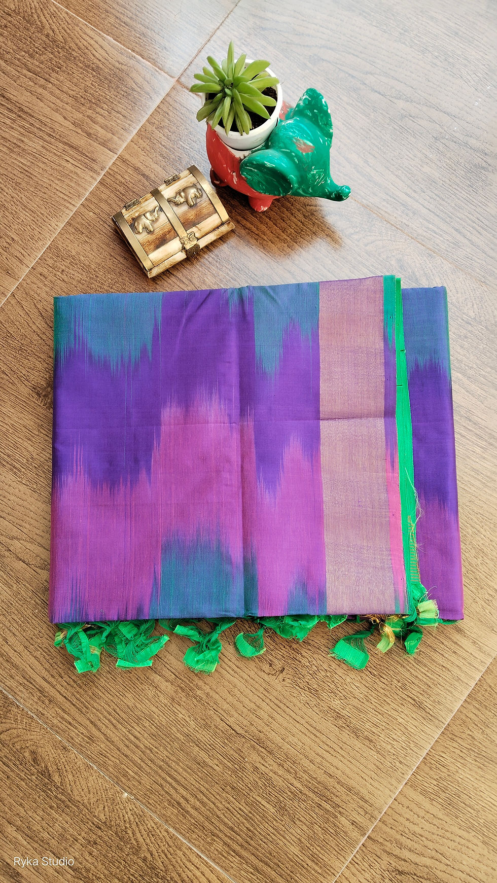 Thumbnail: Green & Purple Cotton Silk Handwoven Brushstroke with Zari Border