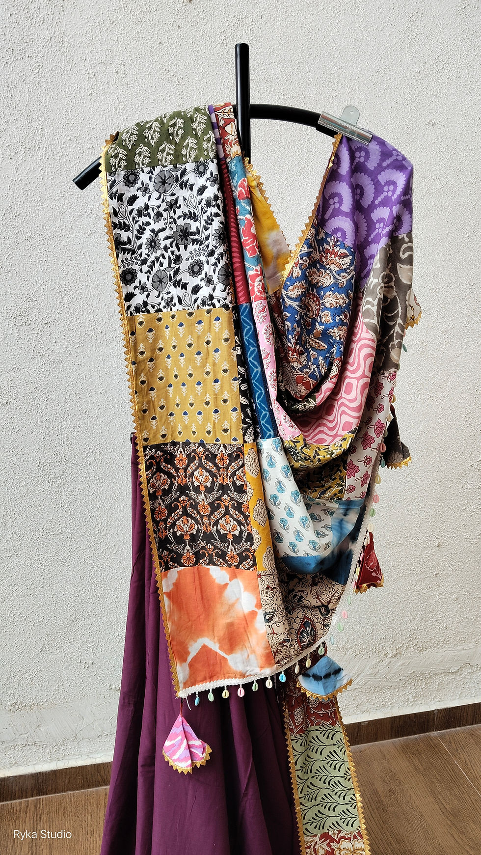 Thumbnail: Patchwork Applique Wine Saree pallu