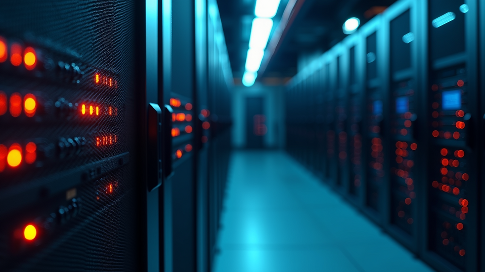 Close-up view of a server rack with blinking lights in a data center