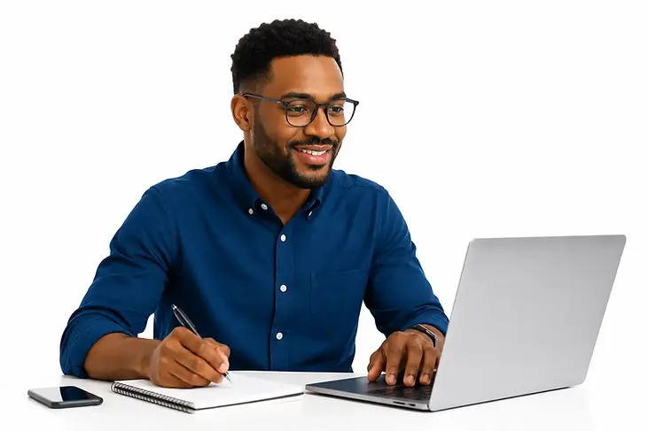 Man Stepping Back into the Job Search with his laptop after a break.