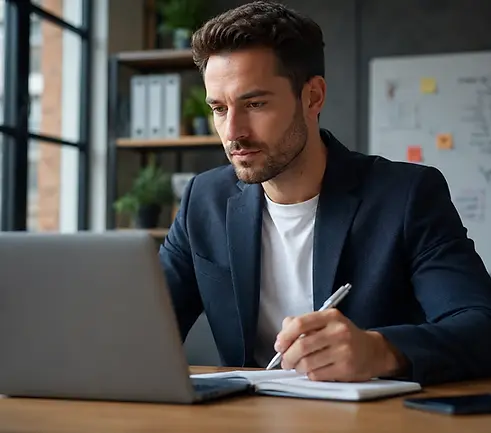 A professional using Interview IQ hyperrealistic questions on a laptop.