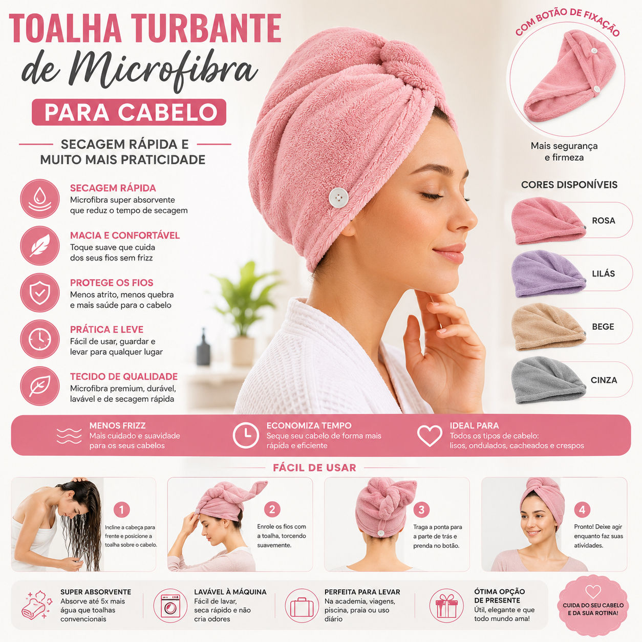 Toalha Turbante de Microfibra para Cabelo Secagem Rápida