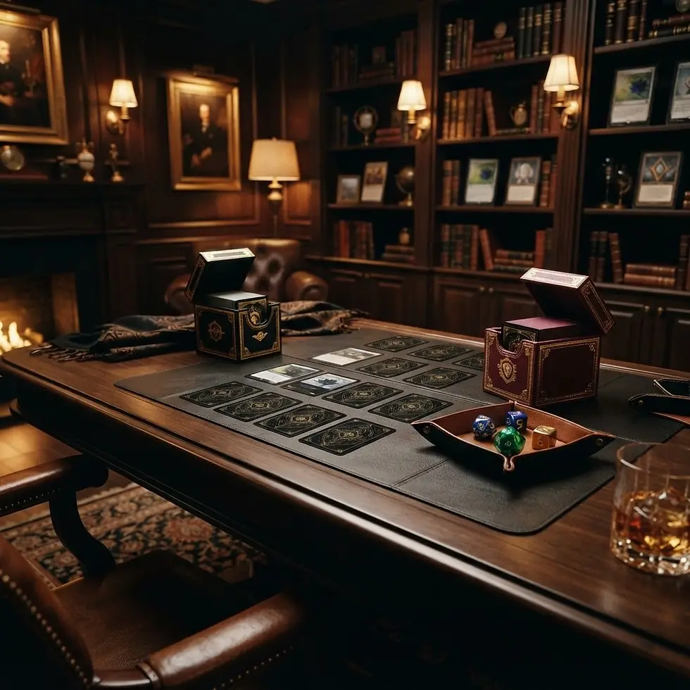 Photography of a card game laid out on a polished wooden desk in a richly adorned library. The scene evokes a sense of sophisticated leisure with its warm lighting, fireplace, and bookshelves.