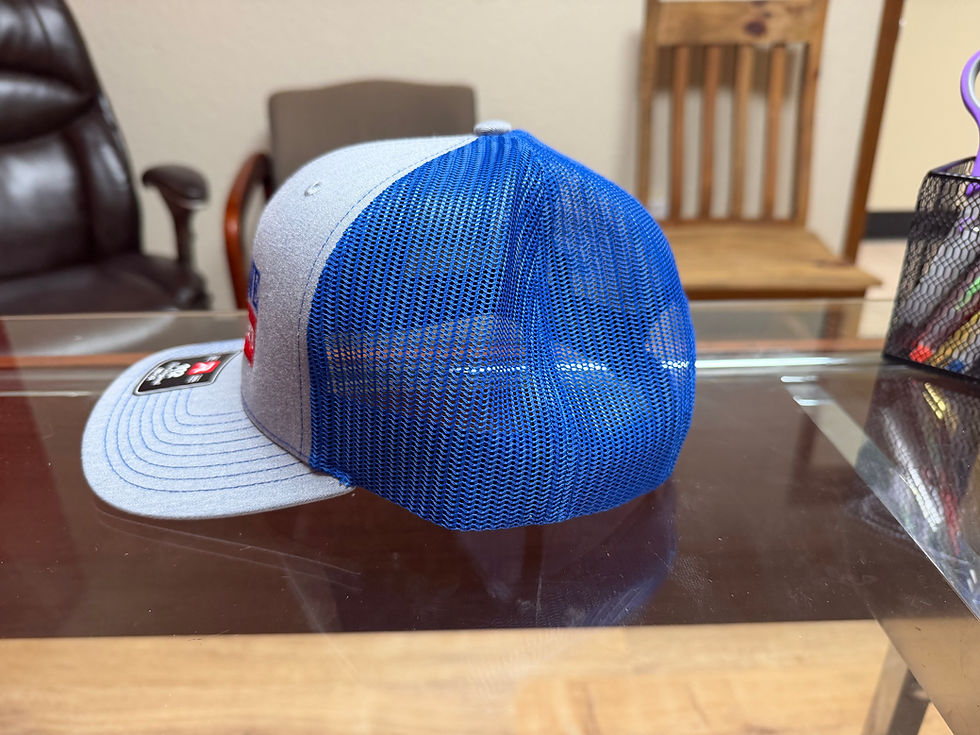 Thumbnail: Abilene Crime Stoppers Richardson 112 trucker hat in heather gray and royal blue, front embroidery