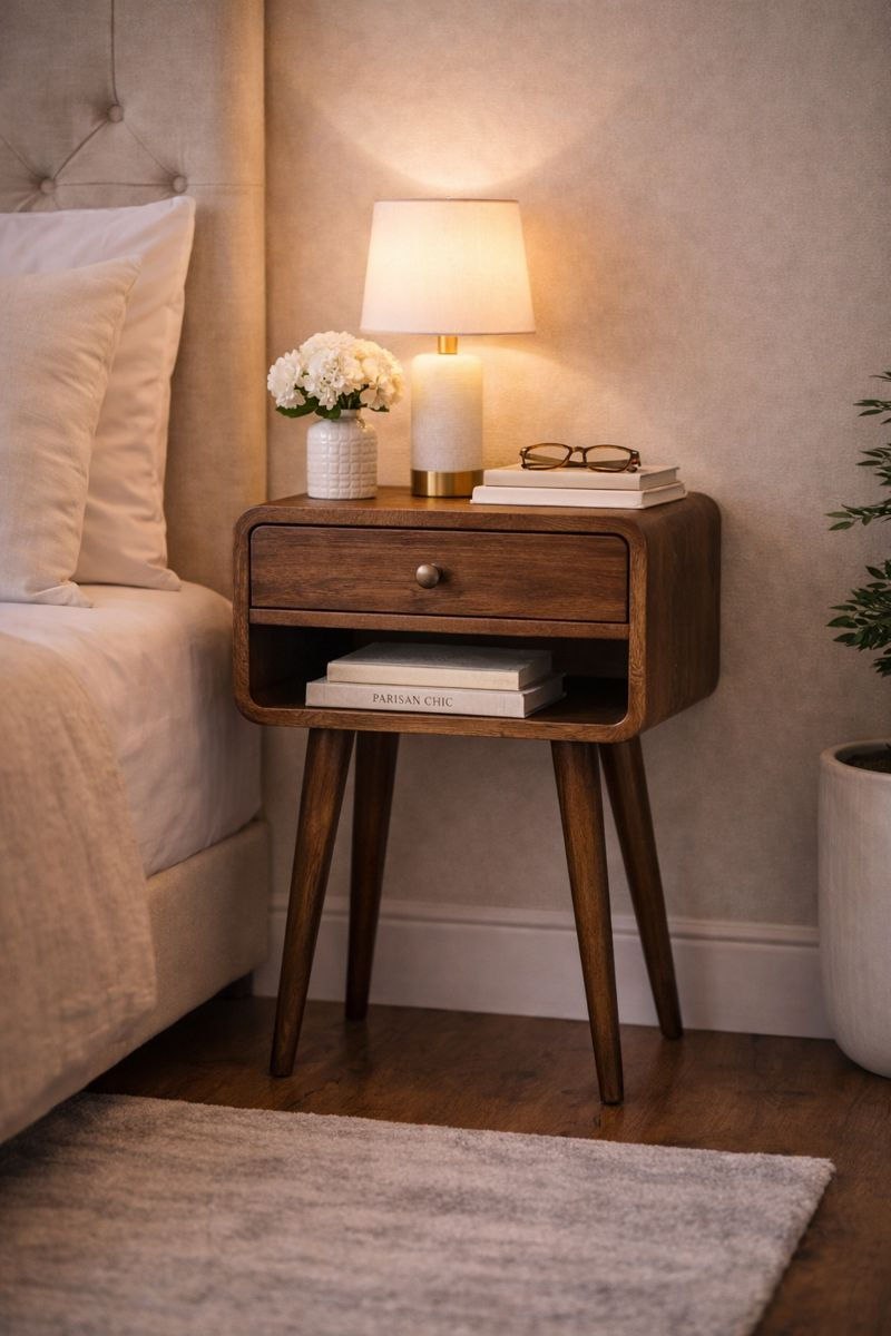 Thumbnail: Nachtkastje in scandinavische stijl in mangohout met klassieke grijze finish