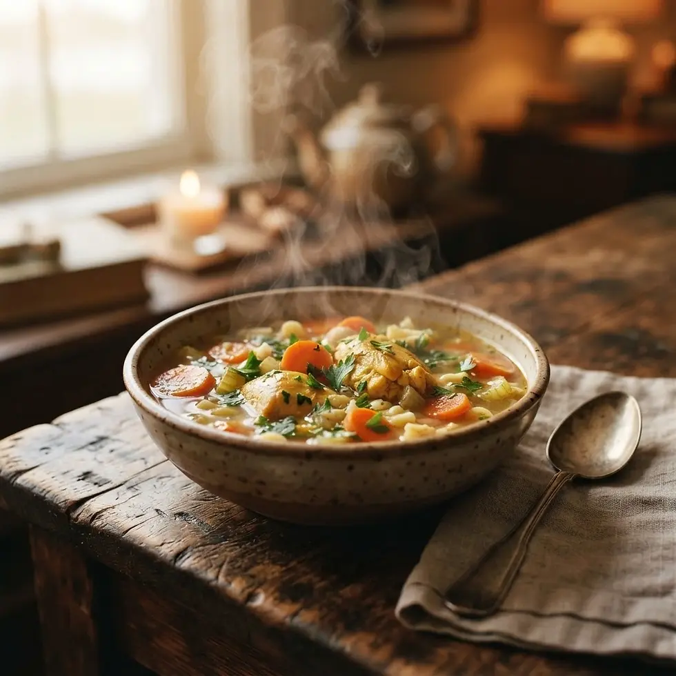 Food photography of a steaming bowl of chicken noodle soup placed on a rustic wooden table. The cozy setting includes a lit candle and a window in the background.