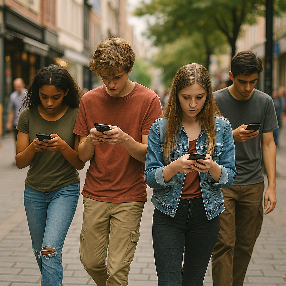 Four young people walking down a city street, each engrossed in their smartphones, with hunched postures and distracted expressions, symbolizing disengagement from their surroundings
