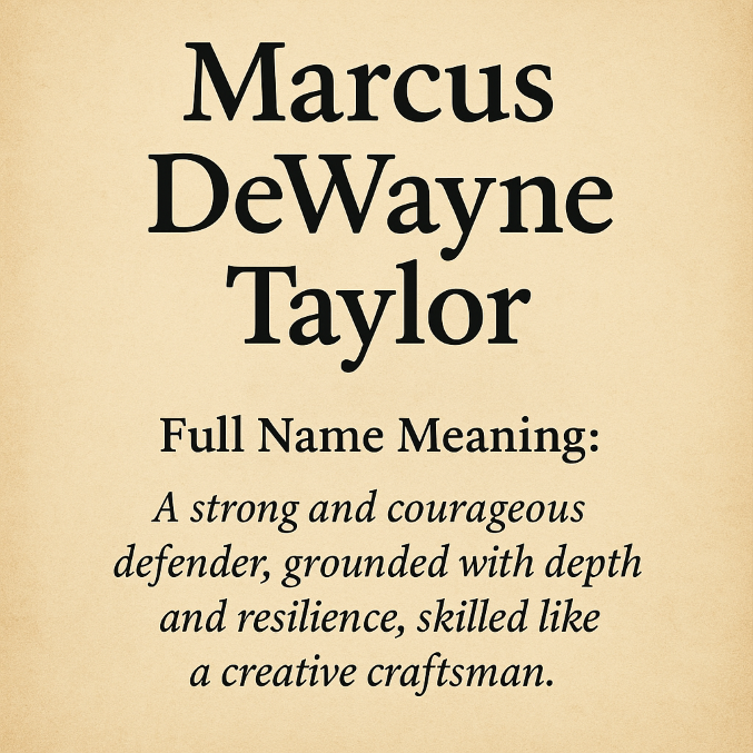 Graphic displaying the name Marcus DeWayne Taylor with a description of its meaning as a strong and courageous defender, grounded with depth, resilience, and creative craftsmanship.